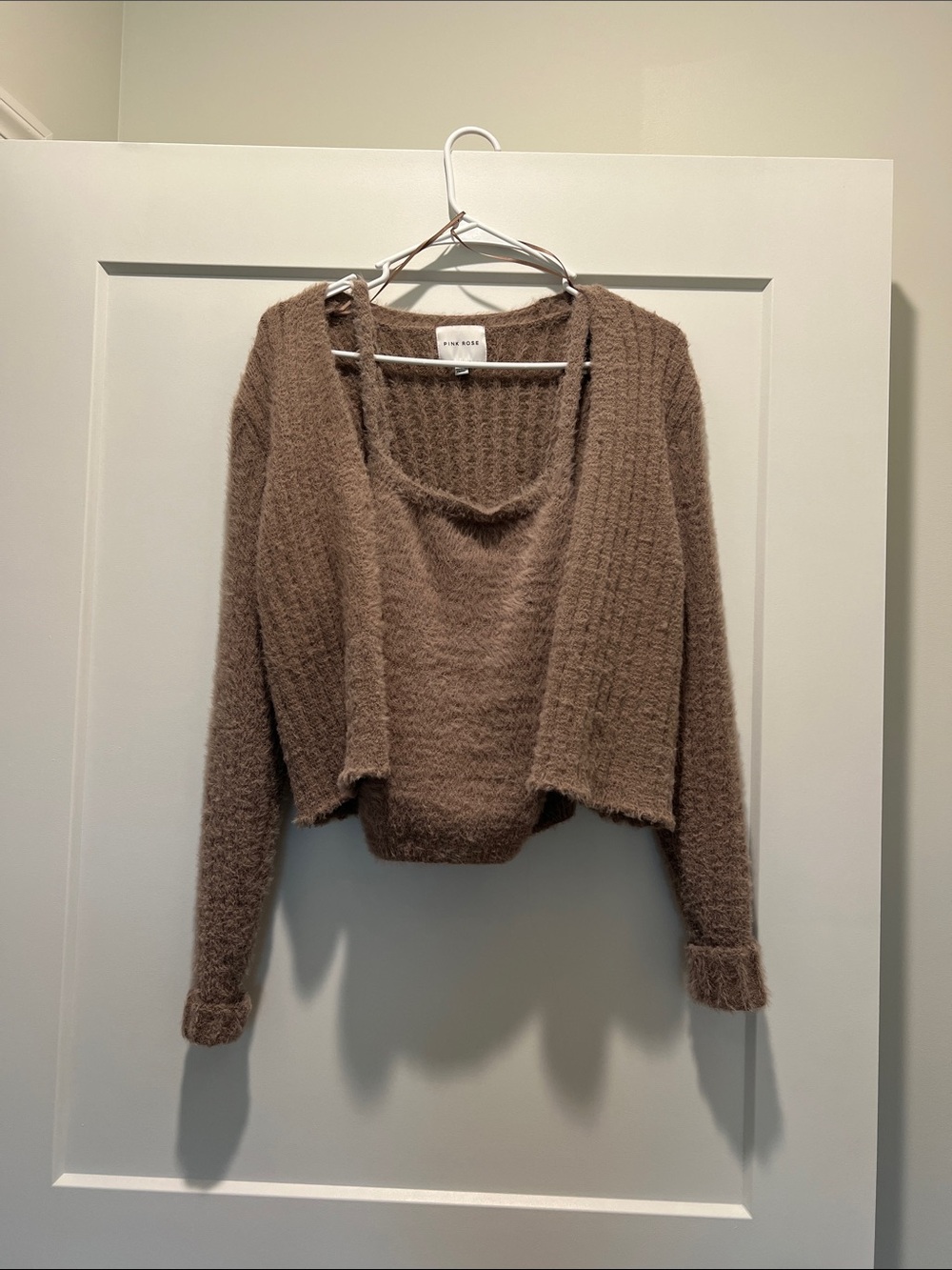 Pink Rose Taupe Fuzzy Knit Crop Cardigan & Cami Set